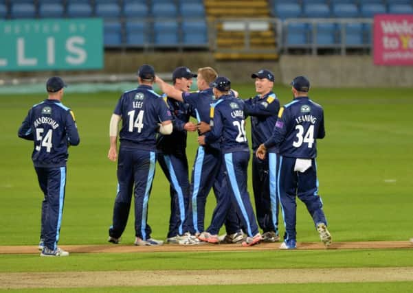 Yorkshire and Matthew Waite celebrates taking Dieter Kleins's wicket.  Picture: Bruce Rollinson