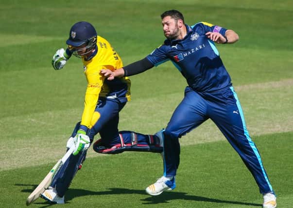 Picture by Alex Whitehead/SWpix.com - 03/05/2017 - Cricket - Royal London One-Day Cup - Yorkshire Vikings v Durham - Headingley Cricket Ground, Leeds, England - Yorkshire bowler Tim Bresnan and Durham batsman Keaton Jennings come into contact.