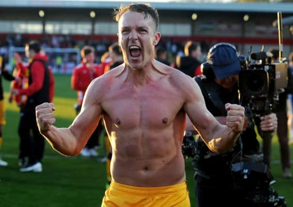 Tony McMahon is ecstatic after Bradford Citys aggregate semi-final win over Fleetwood (Picture: Jonathan Gawthorpe).