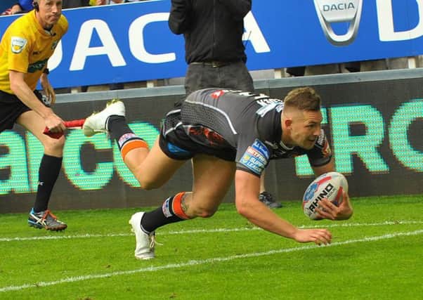 Greg Eden scores a try for Casleford Tigers against Leeds Rhinos. Picture: Greg Eden.