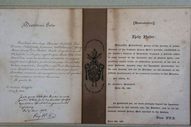 Date: 17th May 2017.
Picture James Hardisty.
A handwritten blessing for a Yorkshire church sent by Pope Pius X in 1908 has been uncovered in an attic after being lost for 60 years and has been presented back to the parish priest at St Austin's Church, Wentworth Terrace, Wakefield. Pictured A copy of the handwritten blessing.