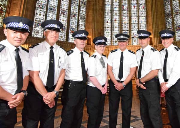 The York Minster police team who have been attested as Cathedral Contstables and sworn to the York Minster Accustomed Oath, pictured from left, Roshan Tamang, Daniel O'Malley, Steven Wilkinson, Jessica Cook, Mark Sutcliffe, Adam Rickers, Stephen Patrick, Beverley Martin and Kadir Turcan.Picture: Anthony Chappel-Ross