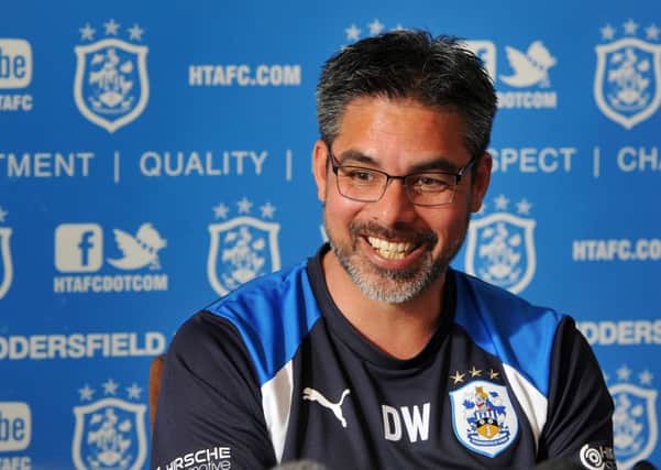 Head coach David Wagner shares a joke with the media yesterday as he talked about Huddersfield Towns Championship play-off final with Reading to be played at Wembley on Monda (Picture: Tony Johnson).
