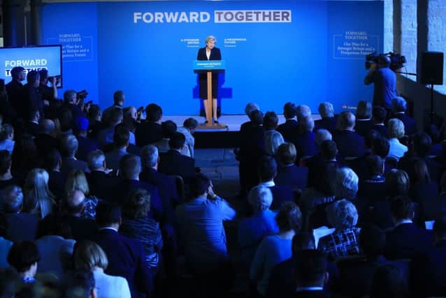 Theresa May  during her party's general election manifesto launch in Halifax