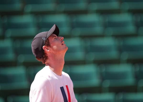 Britain's Andy Murray looks up during a training session for the French Open tennis tournament, at Roland Garros in Paris. Picture: AP/Christophe Ena