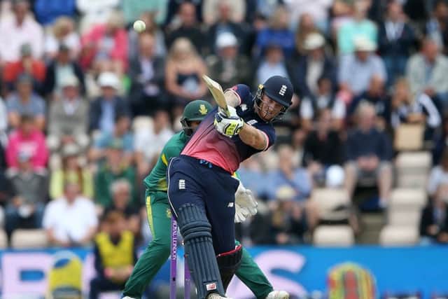 England's Ben Stokes hits a six against South Africa at Southampton. Picture: Scott Heavey/PA