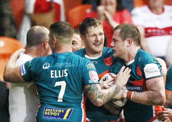 Hull KR's try scorer Andrew Heffernan congratulated by team-mates. Picture: SWpix.com