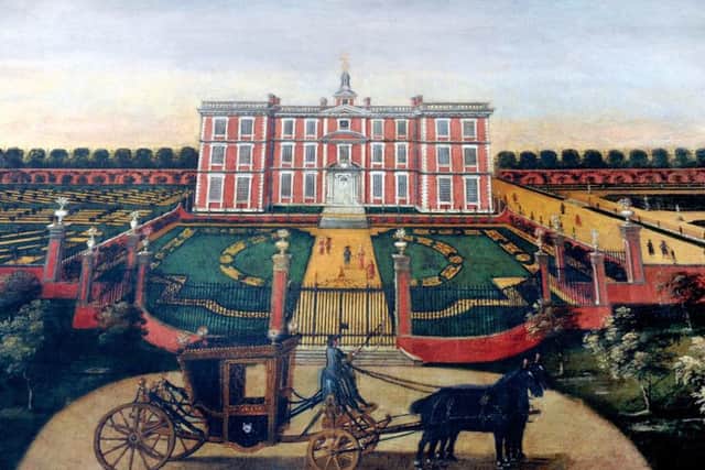 A painting of Newby Hall near Ripon  from 1690 that inspired the  model ' The Newby Diorama' by Ed Kluz  that is on show  to visitors to Newby Hall .
