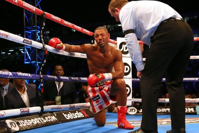 Kell Brook reacts after being stopped by Errol Spence during their IBF Welterweight World Championship at Bramall Lane.