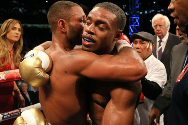 Kell Brook (left) and Errol Spence embrace after their IBF Welterweight World bout at Bramall Lane. Picture: Richard Sellers/PA