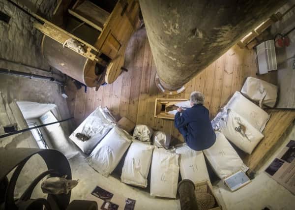Milling Coordinator Jenny Hartland inside Holgate Windmill, which is the oldest working windmill in Yorkshire.