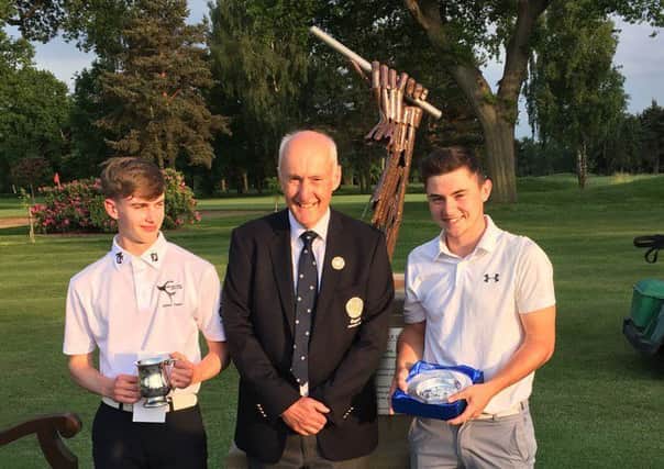 New Yorkshire Boys' champion Alex Fitzpatrick (Hallamshire), right, with YUGC president Alastair Davidson and Crow Nest Park's Harry Mowl, the Under-16s winner.