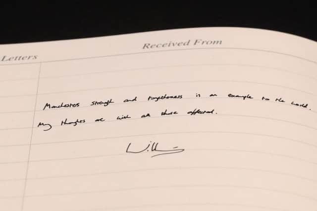 The message left by the Duke of Cambridge in a book of condolence at Manchester Cathedral which reads: "Manchester's strength and togetherness is an example to the world. My thoughts are with all those affected."