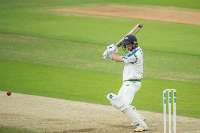 Adam Lyth cuts for four as Yorkshire closed in on Lancashire's total (Photo: SW Pix)