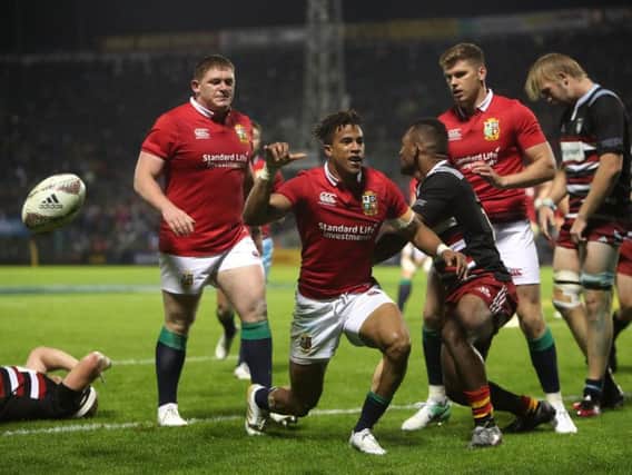 British and Irish Lions' Anthony Watson celebrates scoring his sides first try during the tour match at the Toll Stadium (Photo: PA)