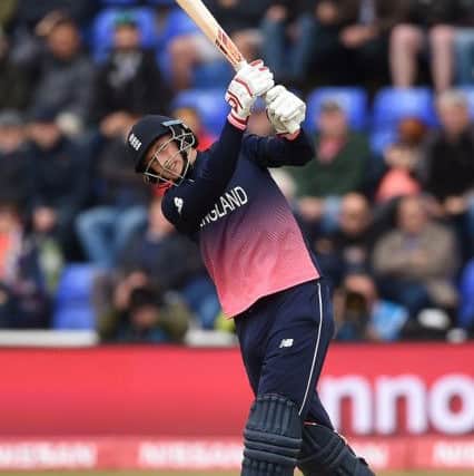 England's Joe Root hits a six during his innings of 64 against New Zealand in Cardiff. Picture: Joe Giddens/PA
