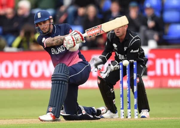 England's Alex Hales hits out against New Zealand in Cardiff. Picture: Joe Giddens/PA