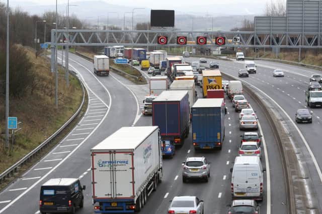 Traffic queues towards Brighouse on the westbound M62.