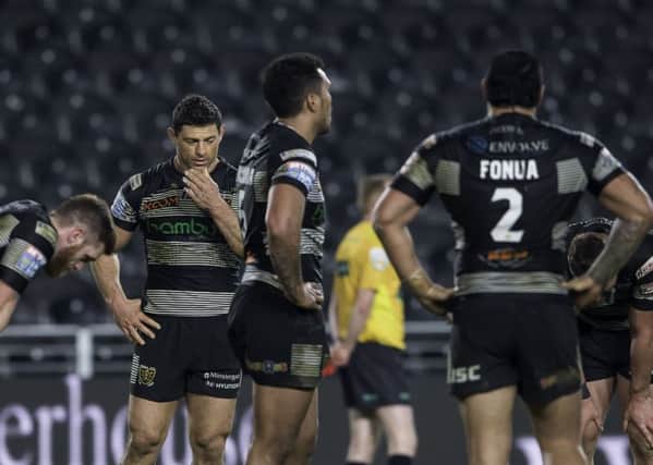 Hull FC players after their heavy defeat to Salford back in April.