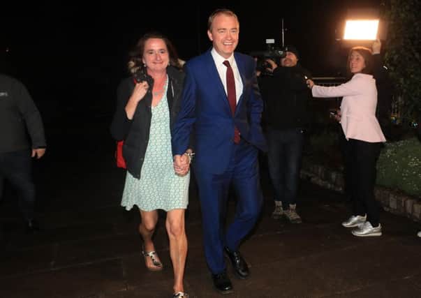 Liberal Democrats leader Tim Farron and wife Rosie arrive at Kendal Leisure Centre in Cumbria, where counting is taking place for the General Election. PRESS ASSOCIATION Photo