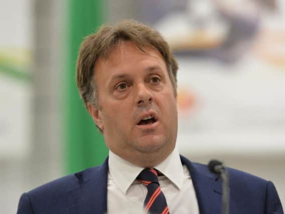 Julian Sturdy of the Conservative Party speaks after being re-elected in the York Outer seat after the count at Energise York. Picture: Anna Gowthorpe