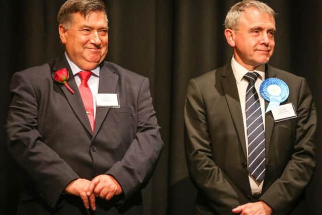Labour's Eric Broadbent and Conservative's Robert Goodwill on stage for the count results at Scarborough Spa. Picture: Ceri Oakes.