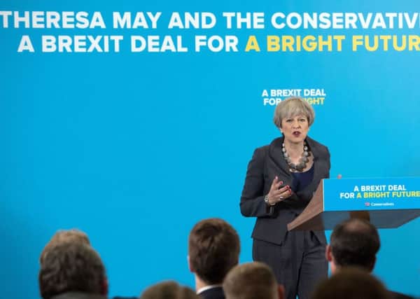 theresa May at the press conference in Guisborough where her evasiveness became self-evident.