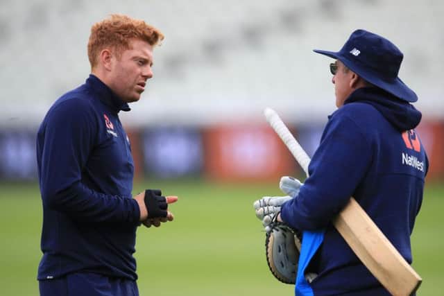 England's Jonny Bairstow talks with coach Trevor Bayliss during a nets session at  Edgbaston. Picture: Mike Egerton/PA