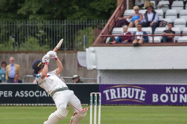 Yorkshire captain Gary Ballance plays an extravagant six over the wicket-keeper's head at Taunton on day three. Picture: John Heald.