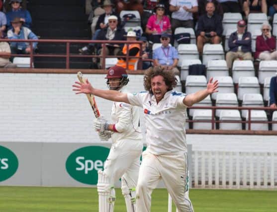 Ryan Sidebottom unsuccessfully appeals for a Somerset wicket towards the end of day three. Picture: John Heald.