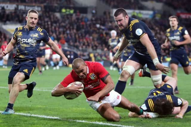 Lions centre Jonathan Joseph scores his side's first try in Dunedin.