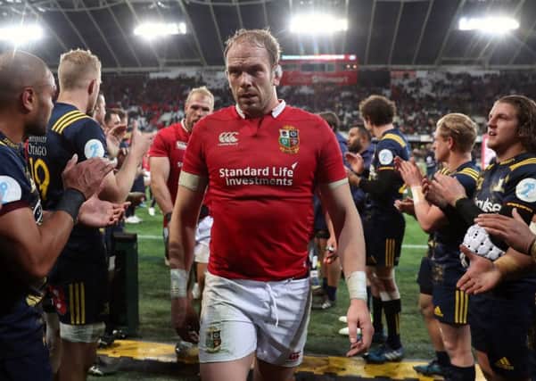 British and Irish Lions' Alun Wyn Jones appears dejected after the tour match at Forsyth Barr Stadium