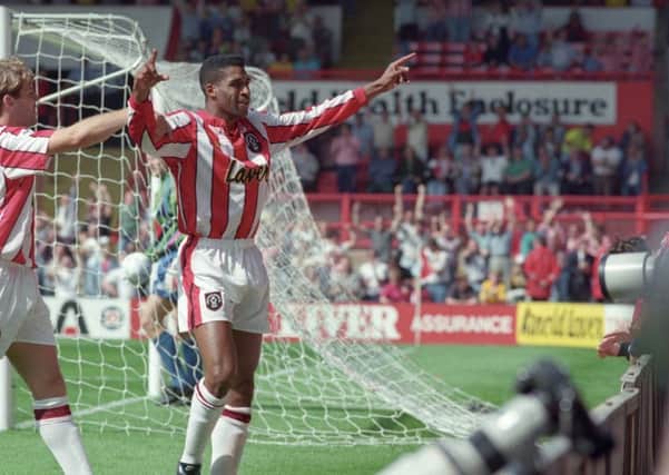 Sheffield United's Brian Deane celebrates scoring the first Premiership goal in August, 1992
