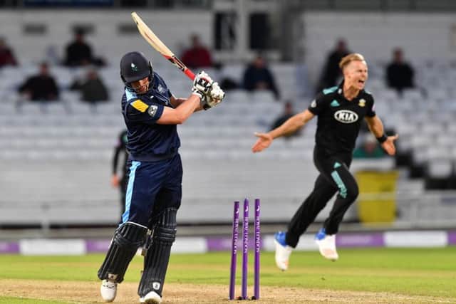 Matthew Waite swishes his bat in frustration after being bowled by Tom Curran as Surrey defeated Yorkshire at Headingley (Picture: Bruce Rollinson).