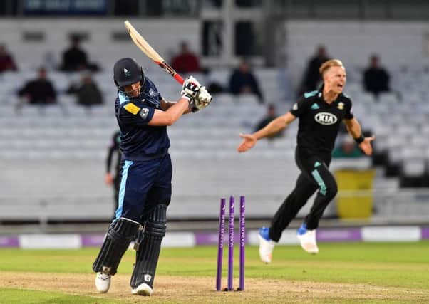 Matthew Waite shows his frustration after being bowled by Tom Curran for 34 towards the end of the hosts' run chase at Headingley on Tuesday. 
Picture: Bruce Rollinson