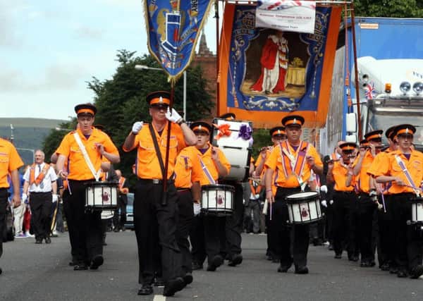 Orange Order bandsmen in Belfast.