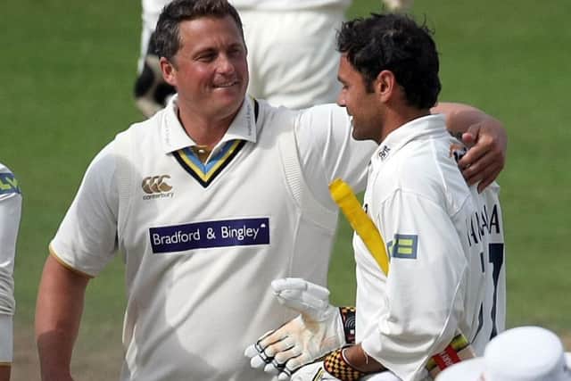 Yorkshire's Darren Gough congratulates Surrey's Mark Ramprakash after he completed his 100th First Class Century. (Picture: SWpix.com)