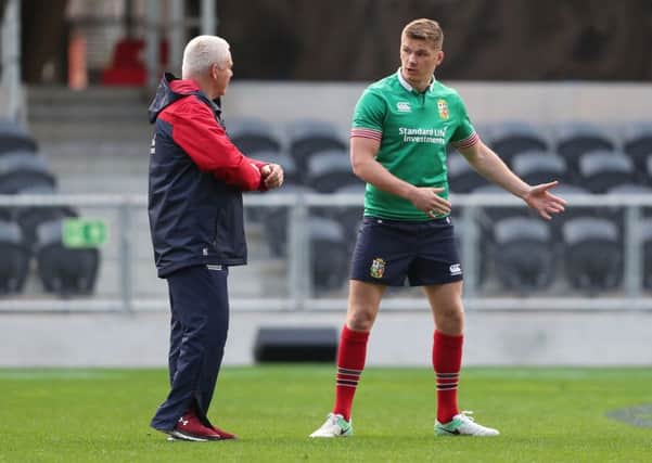 Owen Farrell, seen in conversation with British and Irish Lions head coach Warren Gatland earlier this week, suffered an injury in training and is a doubt for the first Test (Picture: David Davids/PA).