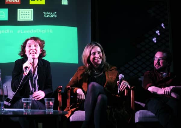 Leeds Digital Festival panel discussion from 2016.
From left, Kate Nash (Director Of Education Leeds University School of Media & Communication), Ana Jakimovska (Head of Product Sky News) and Tom Philips (UK Editorial Director Buzzfeed)..Picture : Jonathan Gawthorpe