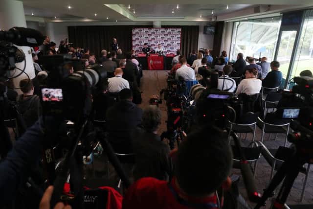 NEXT QUESTION? British and Irish Lions head coach Warren Gatland and Peter O'Mahony face the media at the QBE Stadium, in Auckland. Picture: David Davies/PA