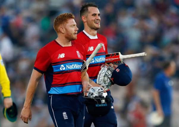 England's Alex Hales (right) and Jonny Bairstow celebrate after winning the1st NatWest T20 Blast match.