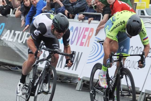 Adam Blythe holds off a challenge from Mark Cavendish, left, to claim his first ever national road race title at Stockton on Tees. (Picture: Tom Collins)