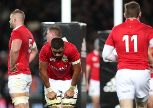 British and Irish Lions' Taulupe Faletau is dejected after New Zealand's Codie Taylor scored his side's first try. Picture: David Davies/PA.