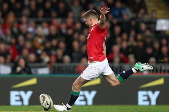 British and Irish Lions' Owen Farrell kicks a penalty during the first test of the 2017 British and Irish Lions tour at Eden Park, Auckland. Picture: PA.
