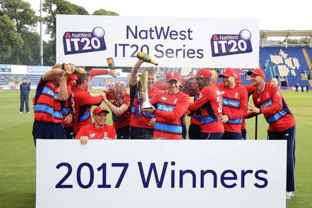 England celebrate winning the Natwest IT20 Series 2017 during the T20 match at the SSE SWALEC. Picture: Nigel French/PA
