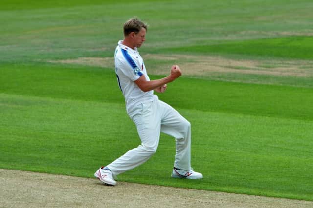 Steven Patterson celebrates taking Scott Borthwick's wicket for 31 caught by Jack Brooks. Picture: Bruce Rollinson