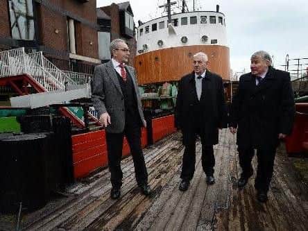 Ex-fishermen Vic Whealdon with Peter Burrows and Ron Bateman on the deck of the Arctic Corsair