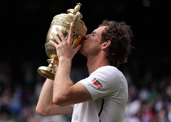 Andy Murray celebrates winning the Men's Singles Final at Wimbledon in 2016.
