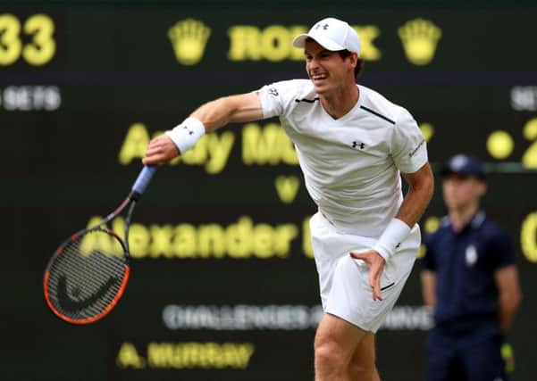 Andy Murray, on his way to victory in round one against Alexander Bublik on day one at Wimbledon. Picture: Steven Paston/PA