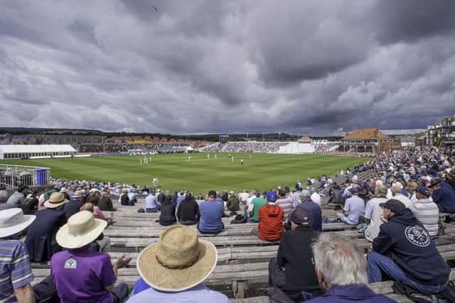 Stormy skies over Yorkshire's North Marine Road ground in Scarborough where they are playing Somerset (Picture: Allan McKenzie/SWpix.com).